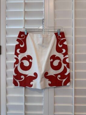 Anthropologie White Skirt with Bold Red Scroll Motif